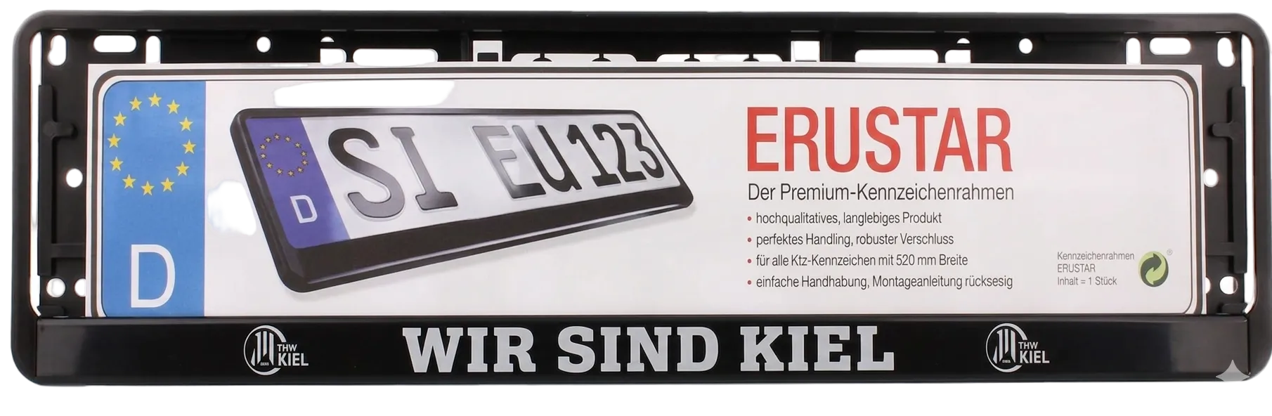 Der Kennzeichenverstärker "WIR SIND KIEL" schwarz ist mit weißem WIR SIND KIEL Schriftzug, einem Musterplättchen mit der Aufschrift ERUSTAR, deutschen Produktdetails und THW-tauglich ausgestattet und somit besonders vielseitig einsetzbar.