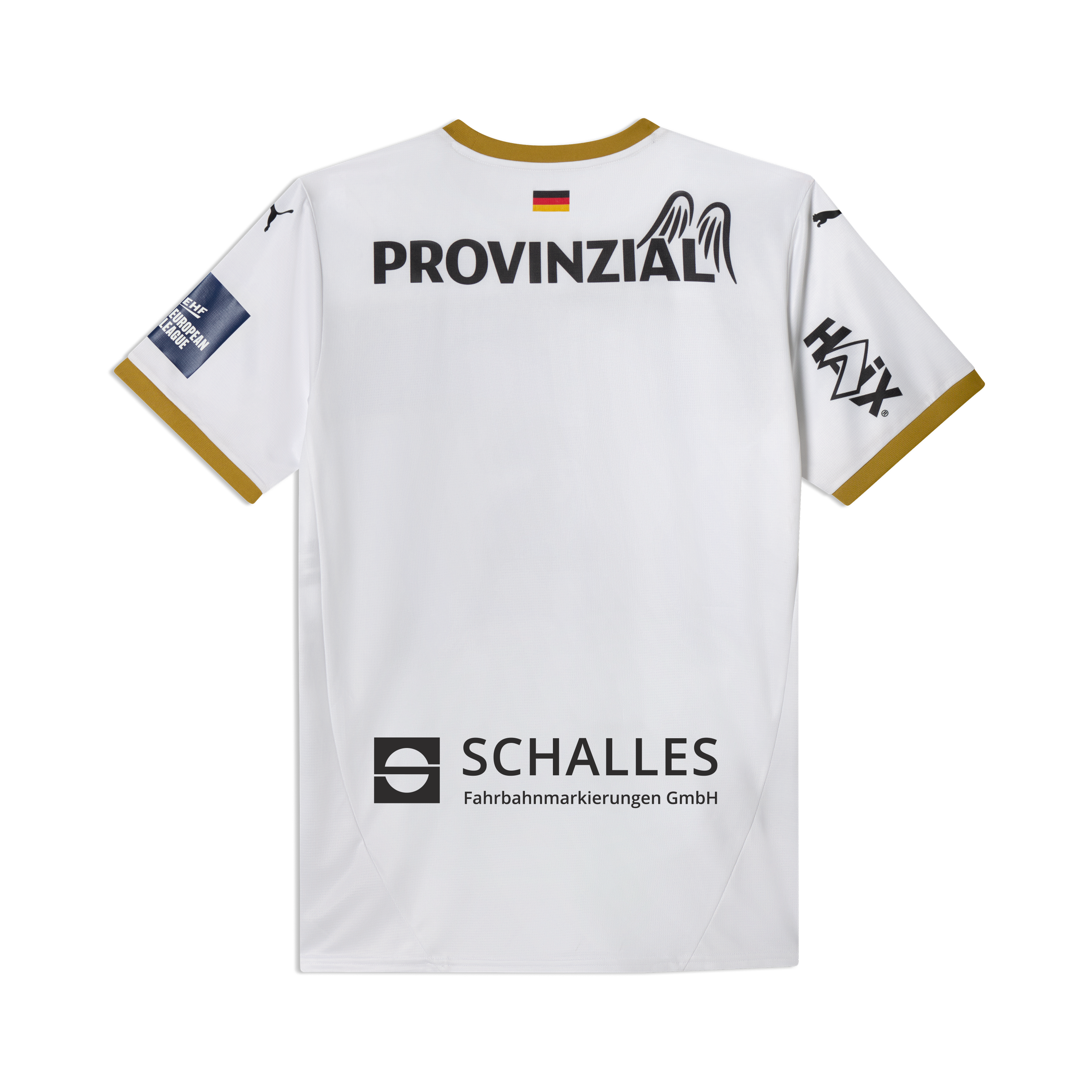Rückansicht des THW Kiel 25-26 Euro Home Trikots von PUMA in weiß, mit goldenen Akzenten, großem PROVINZIAL oben, SCHALLES- und HAXX-Sponsorenlogos und einer kleinen Deutschlandflagge am Kragen.