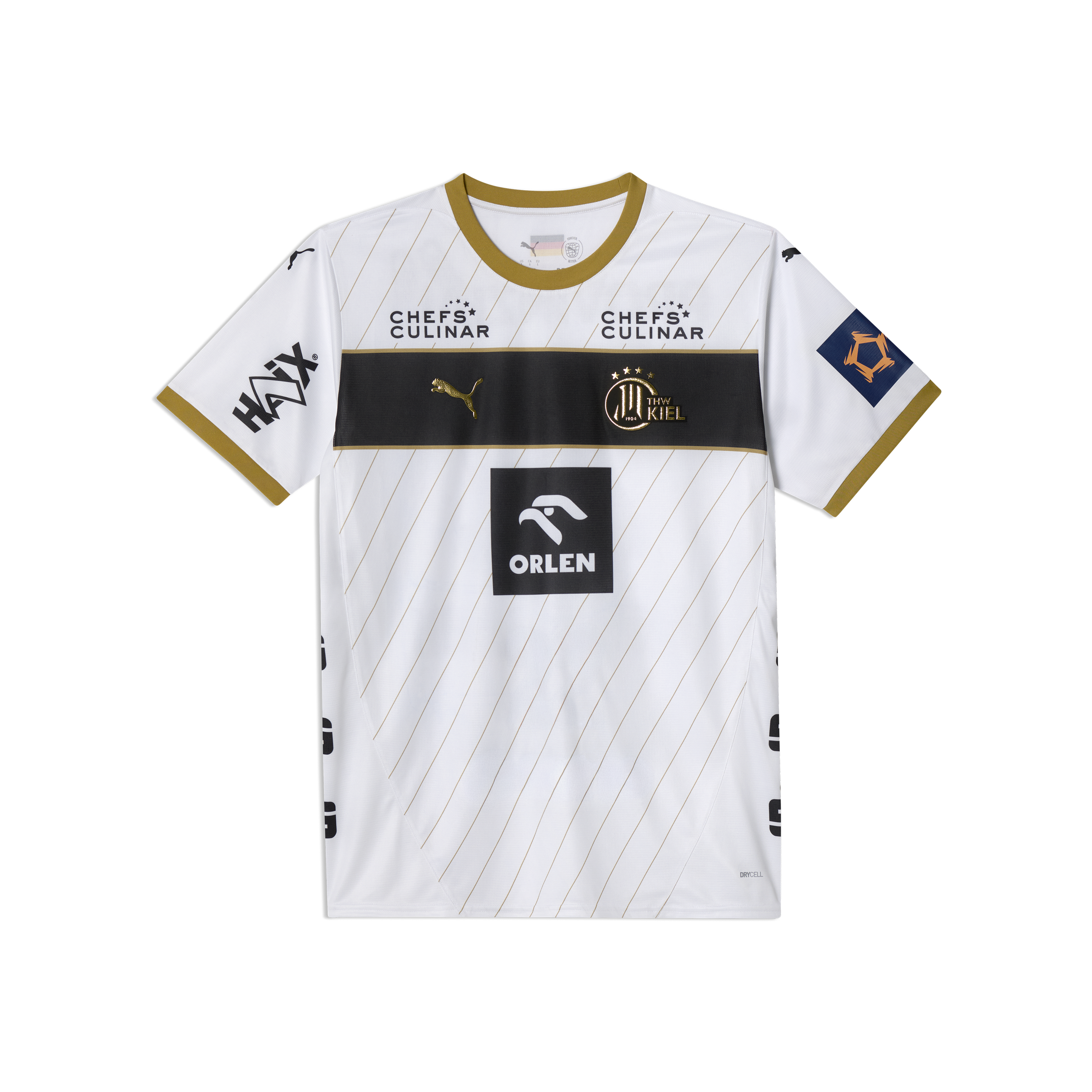 Das THW Kiel 25-26 Euro Home Jersey Jr von PUMA hat ein weißes Design mit dünnen goldenen Diagonalstreifen, schwarz-goldenen Akzenten, Sponsorenlogos (Chefs Culinar, ORLEN, HAIX) und dem Holstein Kiel Wappen auf der Vorderseite.