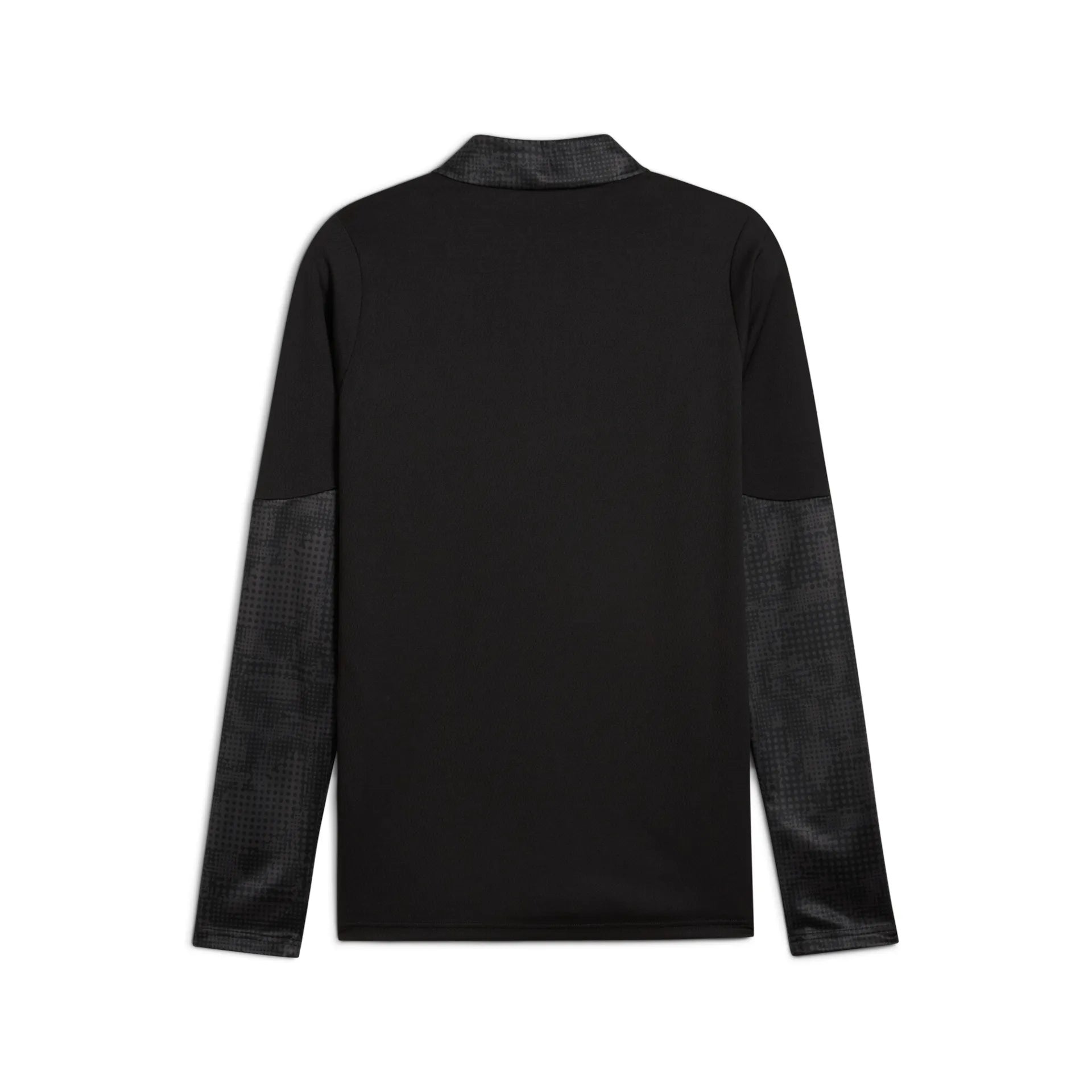 Das teamCUP Training 1/4 Zip Top von PUMA in Schwarz hat ein unifarbenes Oberteil mit dunkel gemustertem Stoff an den unteren Ärmeln. Es besteht aus recyceltem Polyester, hat einen Kragen, keine sichtbaren Logos und eignet sich perfekt für Aufwärmübungen.