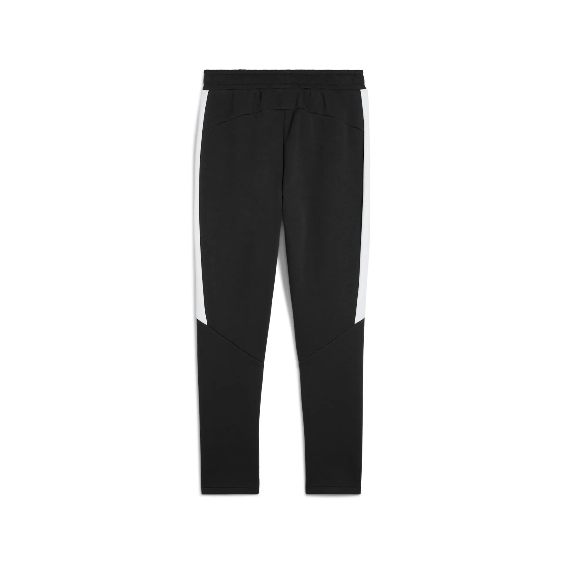 TeamEVOSTRIPE Hose in PUMA Schwarz mit bequemer Passform, Kordelzug in der Taille, weißen vertikalen Beinstreifen und seitlichen Reißverschlusstaschen, flach auf weißem Grund - ideal für lässige Jungen-Outfits.
