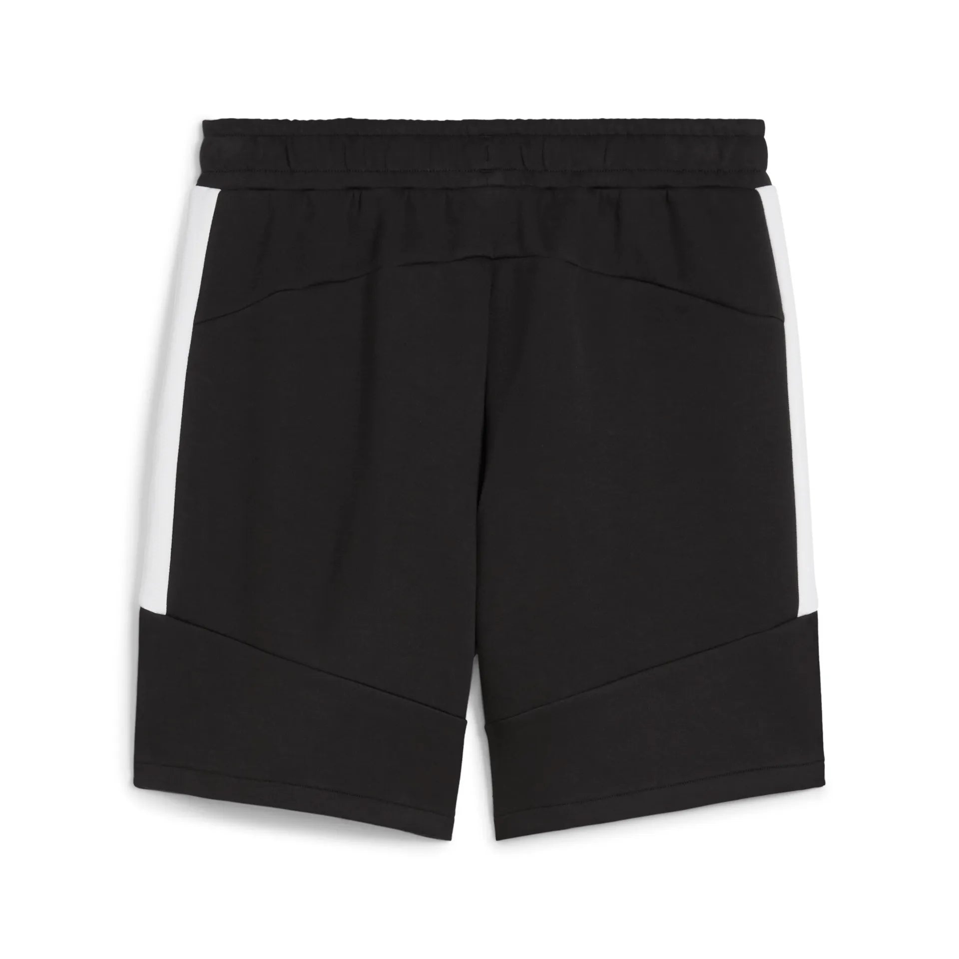 Die teamEVOSTRIPE Shorts PUMA Black haben einen elastischen Bund, dezente Nähte, weiße Seitenteile und sind aus Baumwolle Polyester. Die Shorts haben praktische Seitentaschen mit Reißverschluss und sind flach auf weißem Hintergrund abgebildet.