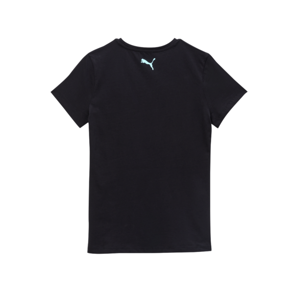 Ein schlichtes schwarzes THW Kiel Tee Wmn von hinten gesehen, mit einem kleinen weißen Puma-Logo am Halsausschnitt - perfekt für stylische Fanbekleidung.