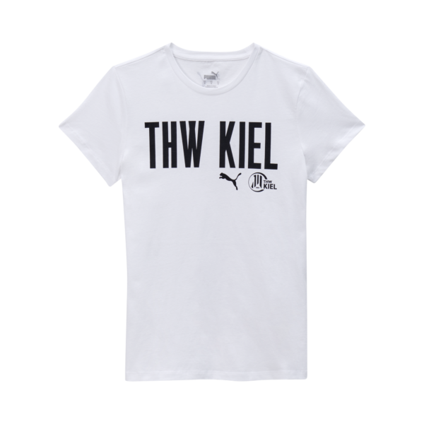 Das THW Kiel Tee Wmn White ist ein weißes Baumwoll-T-Shirt mit auffälligem "THW KIEL"-Schriftzug, Puma-Logo und Vereinsemblem - ein Muss für echte Fans.