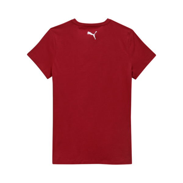 Ein schlichtes, kirschrotes THW Kiel Tee Wmn Kurzarm-T-Shirt, von hinten gesehen, mit einem kleinen weißen Puma-Logo in der Nähe des Ausschnitts.