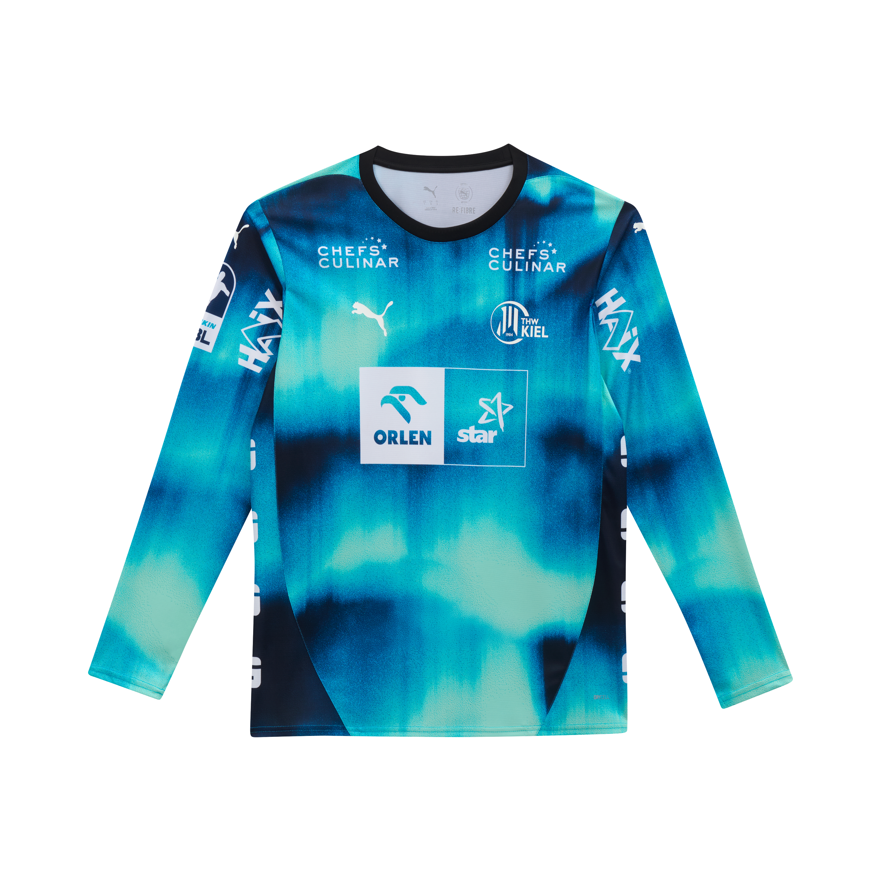 Das THW Kiel 25-26 GK Trikot Home Jr von PUMA zeigt ein marineblaues Design, Sponsorenlogos, das Puma-Logo und das Vereinswappen auf der linken Brust - ideal für junge Fans des kultigen Torwartstils des THW Kiel.