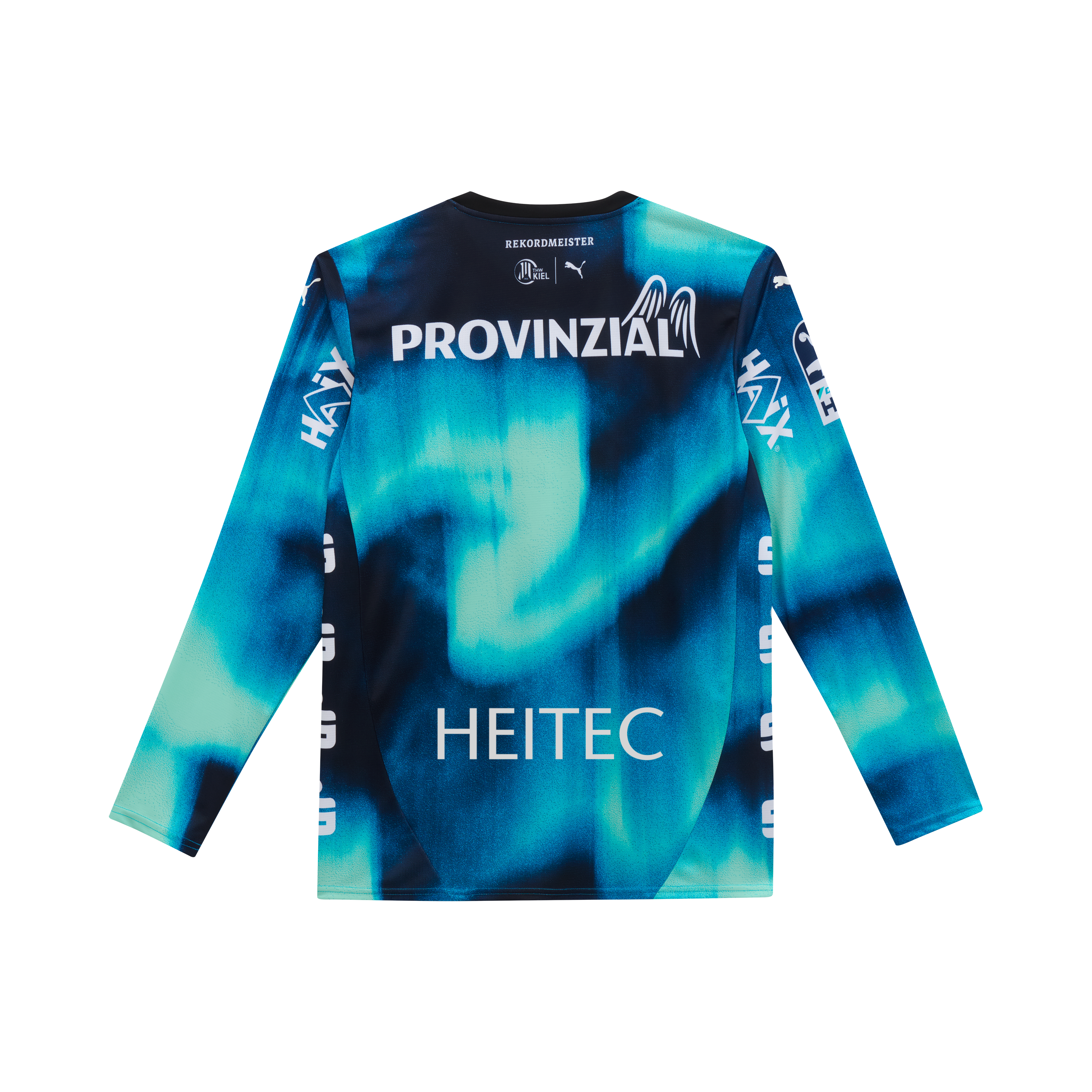 Das THW Kiel 25-26 GK Trikot Home von PUMA hat ein abstraktes Muster in Marineblau und Schwarz, lange Ärmel und weiße Sponsorenlogos wie PROVINZIAL und HEITEC auf dem Rücken und den Ärmeln.