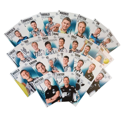 Das Autogrammkarten-Set signiert A6 zeigt eine aufgefächerte Sammlung von Handball-Mannschaftskarten aus der aktuellen Saison 25/26, die jeweils einen Spieler im Trikot mit Namen und Foto auf weißem und blauem Hintergrund zeigen.