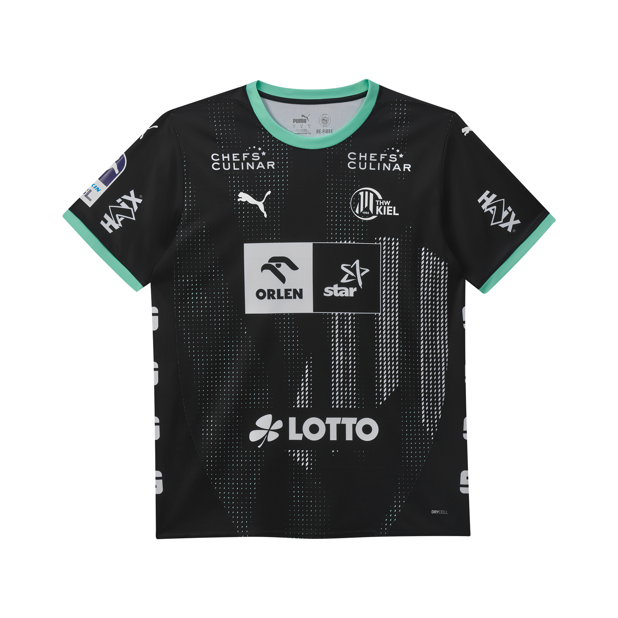 Ein schwarzes Sporttrikot mit mintgrünen Ärmelbündchen, mit weißem Punktmuster, Puma-Logo und mehreren Sponsorenlogos wie LOTTO, ORLEN, star und CHEFS CULINAR auf der Vorderseite.