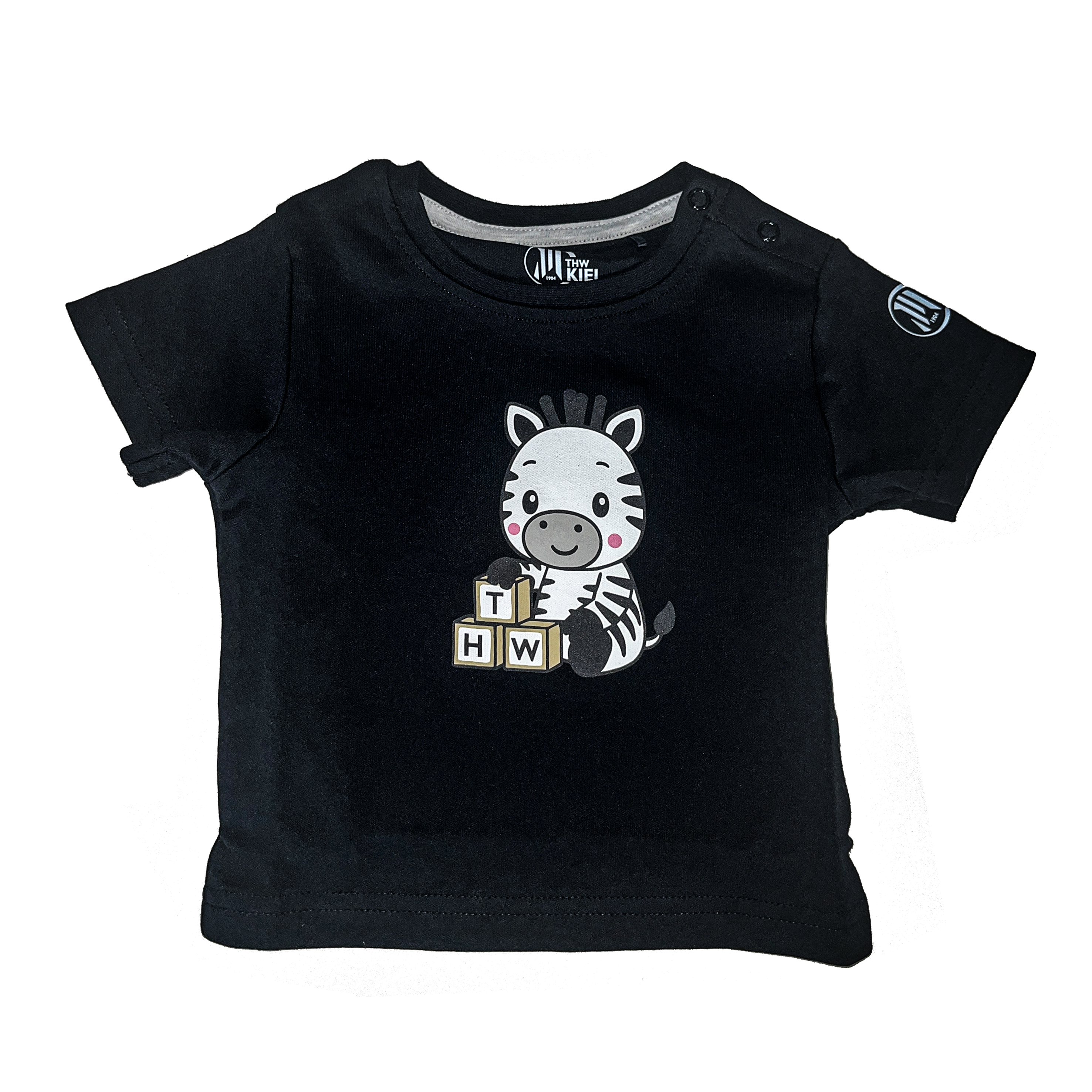 Das schwarze Baby T-Shirt "Zebra mit Bauklötzen" zeigt ein Mini-Zebra neben drei Alphabetblöcken. Zwei Druckknöpfe an der Schulter erleichtern das Anziehen - ein tolles Geschenk für Kleinkinder!.