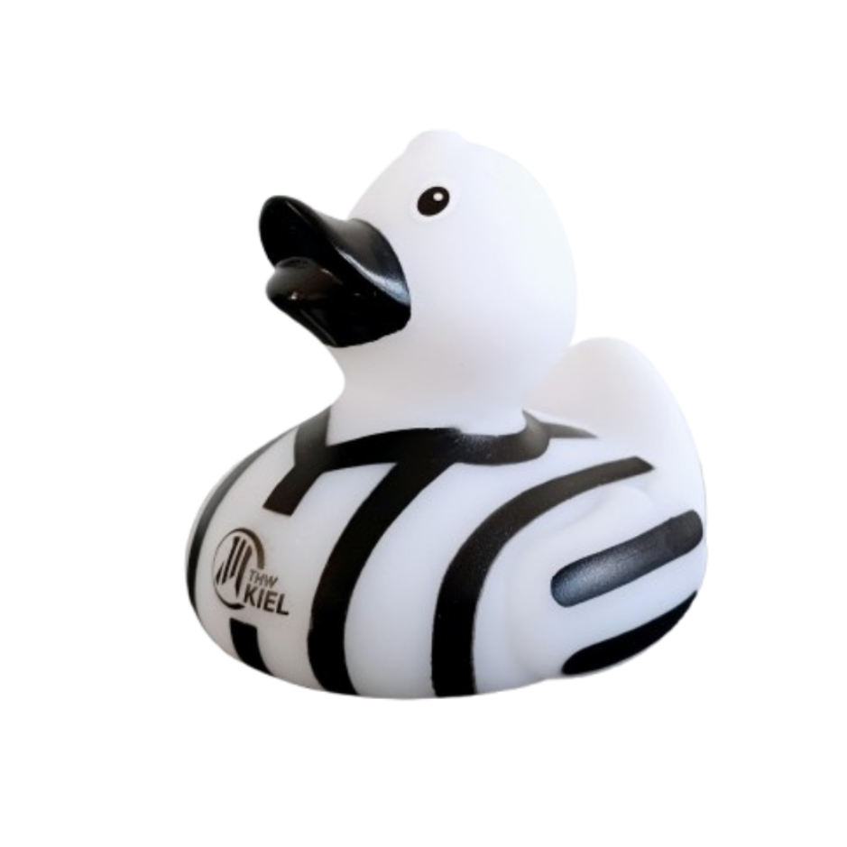 Die Badeente Trikot zeigt sich im Retro-Design mit schwarz-weißem THW Kiel-Trikot, Nummer 71 und dem THW Kiel-Logo auf der Brust.