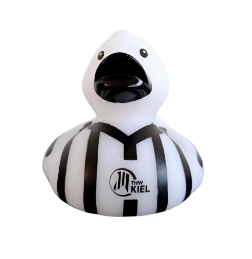 Das Badeente Trikot ist eine schwarz-weiß gestreifte Ente mit "THW Kiel"-Logo - ideal für Retro-Trikot-Fans!.