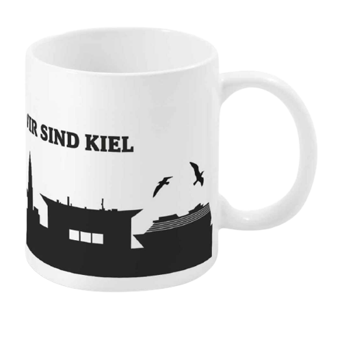 Der Becher Skyline weiß 300ml zeigt schwarze Silhouetten der Kieler Skyline, Möwen und ein Kreuzfahrtschiff mit dem Aufdruck "WIR SIND KIEL".