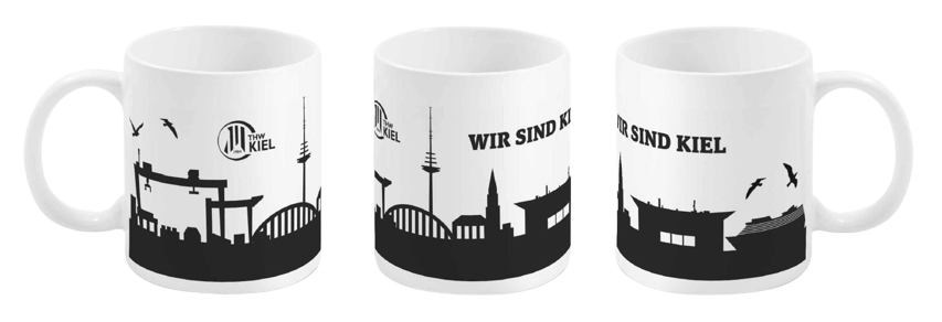 Der Becher Skyline weiß 300ml zeigt schwarze Silhouetten der Kieler Skyline, Schiffe, Kraniche, Vögel und den Schriftzug WIR SIND KIEL auf einem weißen Wraparound-Design - perfekt für Kiel-Fans.