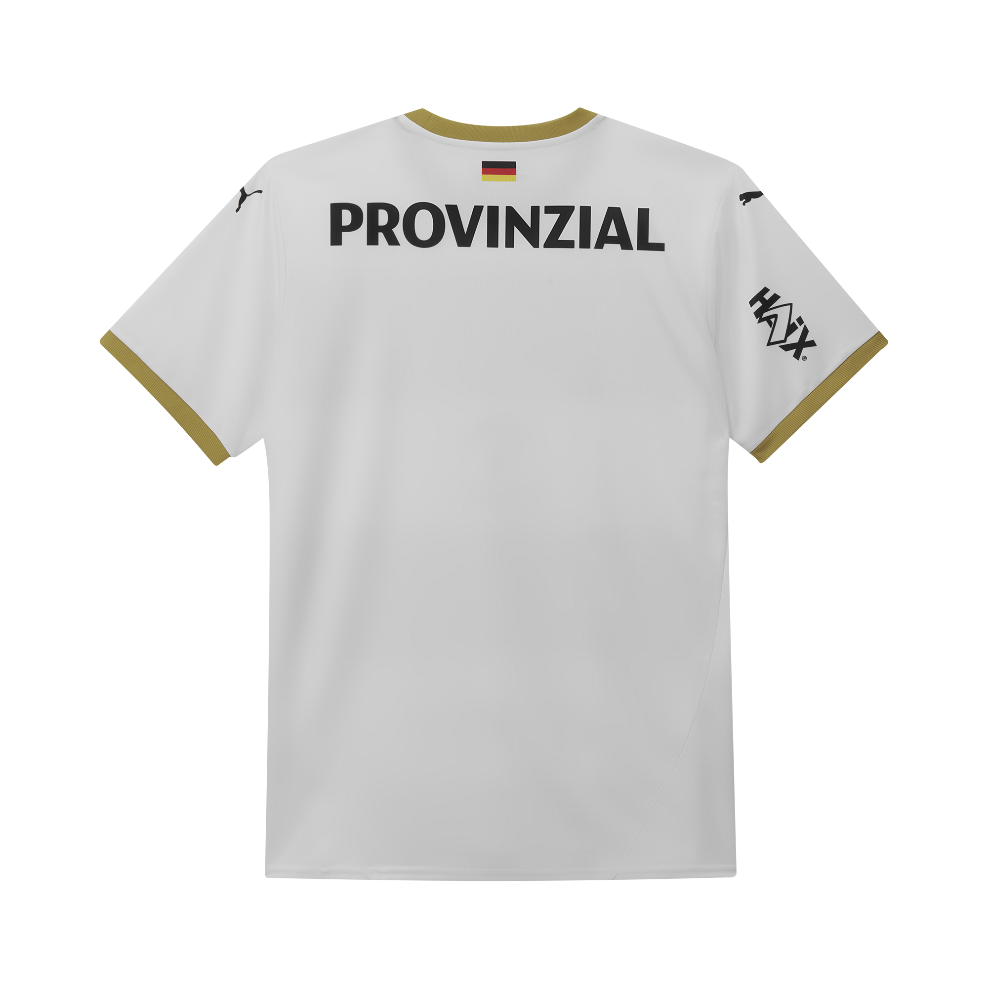 Das THW Kiel 24-25 Euro Heimtrikot von PUMA zeigt ein weißes Design mit goldfarbenen Ärmeln und Kragen, PROVINZIAL in Schwarz auf dem oberen Rücken, eine kleine deutsche Flagge darüber, schwarze Ärmellogos und dezente Leuchtturm-Design-Details.
