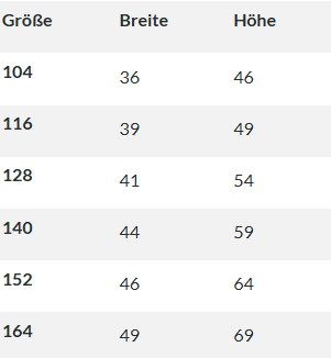Eine Größentabelle auf Deutsch für das limitierte T-Shirt Hein Daddel Kids weiß, mit Größen 104-164 und Angaben zu Breite/Höhe in cm - für die perfekte Passform!.
