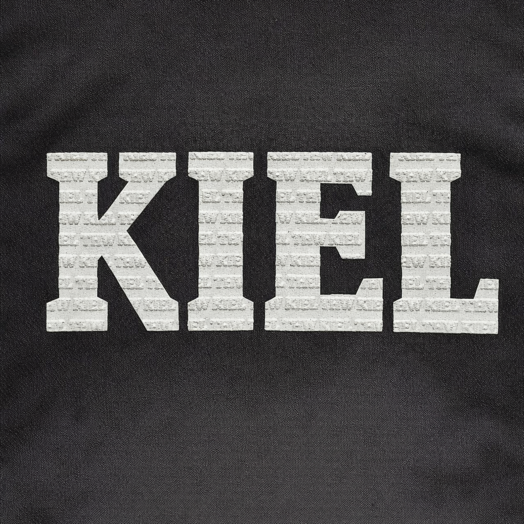 Das Wort KIEL erscheint in großen, fetten, weißen Großbuchstaben mit einem Ziegelsteinmuster auf schwarzem Hintergrund - ideal für jeden THW KIEL Fan, der einen stylischen Hoodie 3D Print aus Bio-Baumwolle sucht.