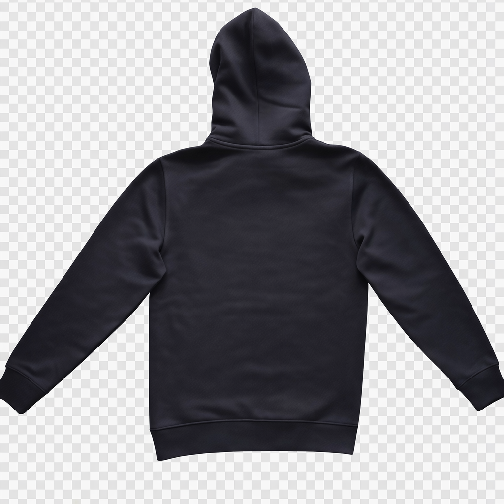 Schwarzer Bio-Baumwoll-Hoodie "Hoodie 3D Print" mit langen Ärmeln und Kapuze, Rückansicht auf transparentem Hintergrund - vom THW KIEL-Stil inspiriert.