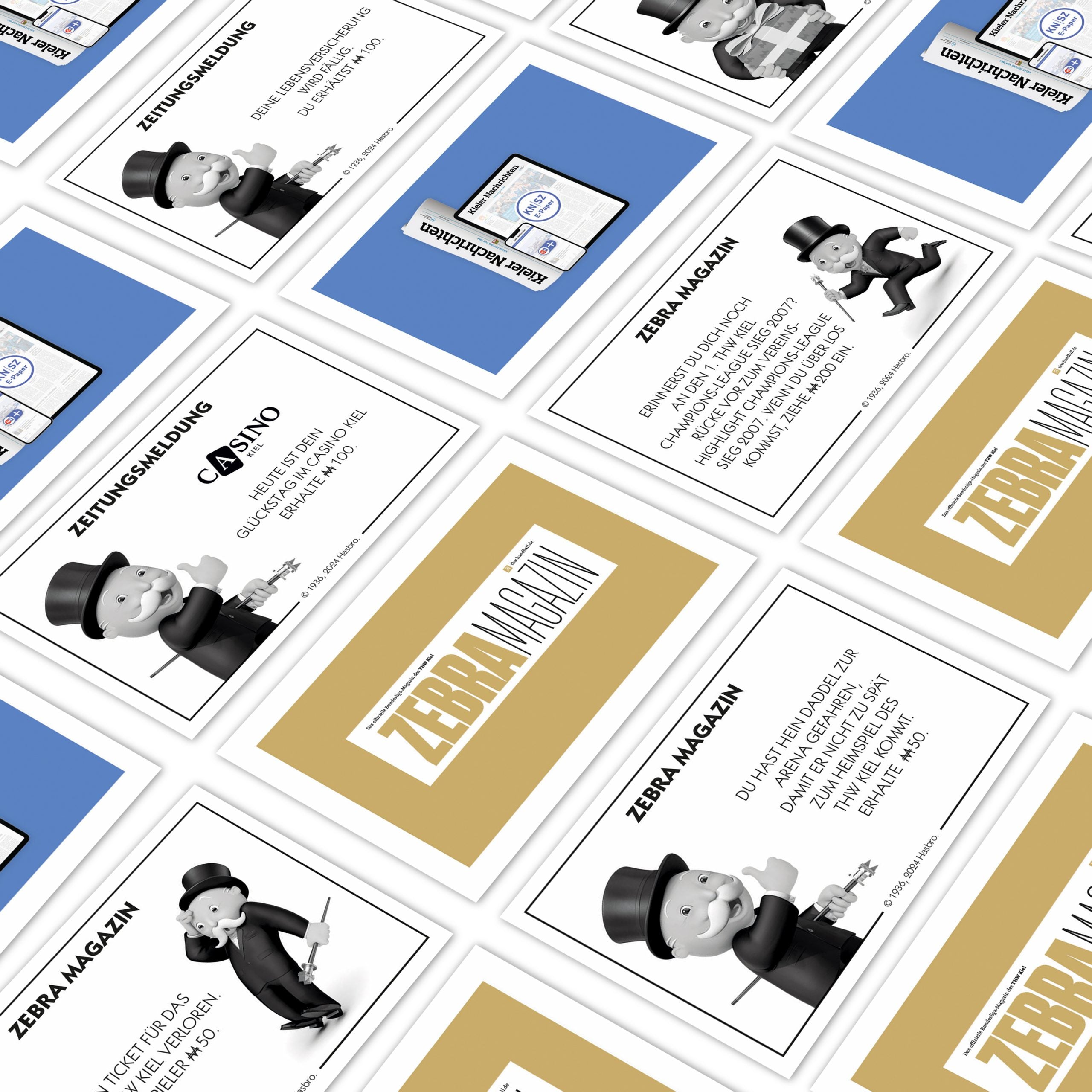 Ein Raster aus weißen, goldenen und blauen Visitenkarten zeigt das Logo des Zebra Magazins, die exklusiven Spielfiguren von Monopoly Kiel - City Edition in Anzügen und Zylinderhüten sowie deutsche Informationen über das Gesellschaftsspiel-Magazin und seine Website.