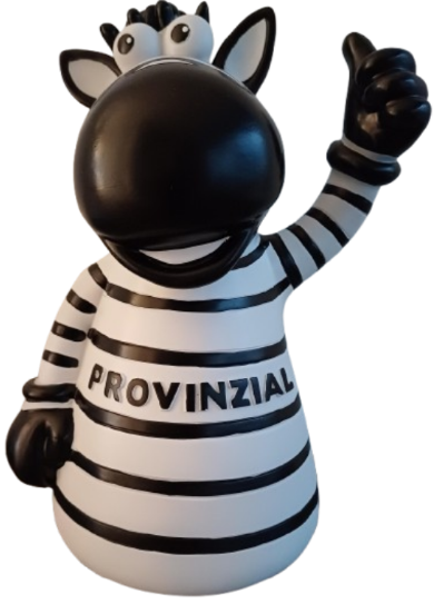 Die Lampe Maskottchen ist eine Zebrafigur aus Polyresin mit schwarzen und weißen Streifen, PROVINZIAL auf der Brust und einem lächelnden Gesicht, das den rechten Huf zum Daumen hoch hebt.