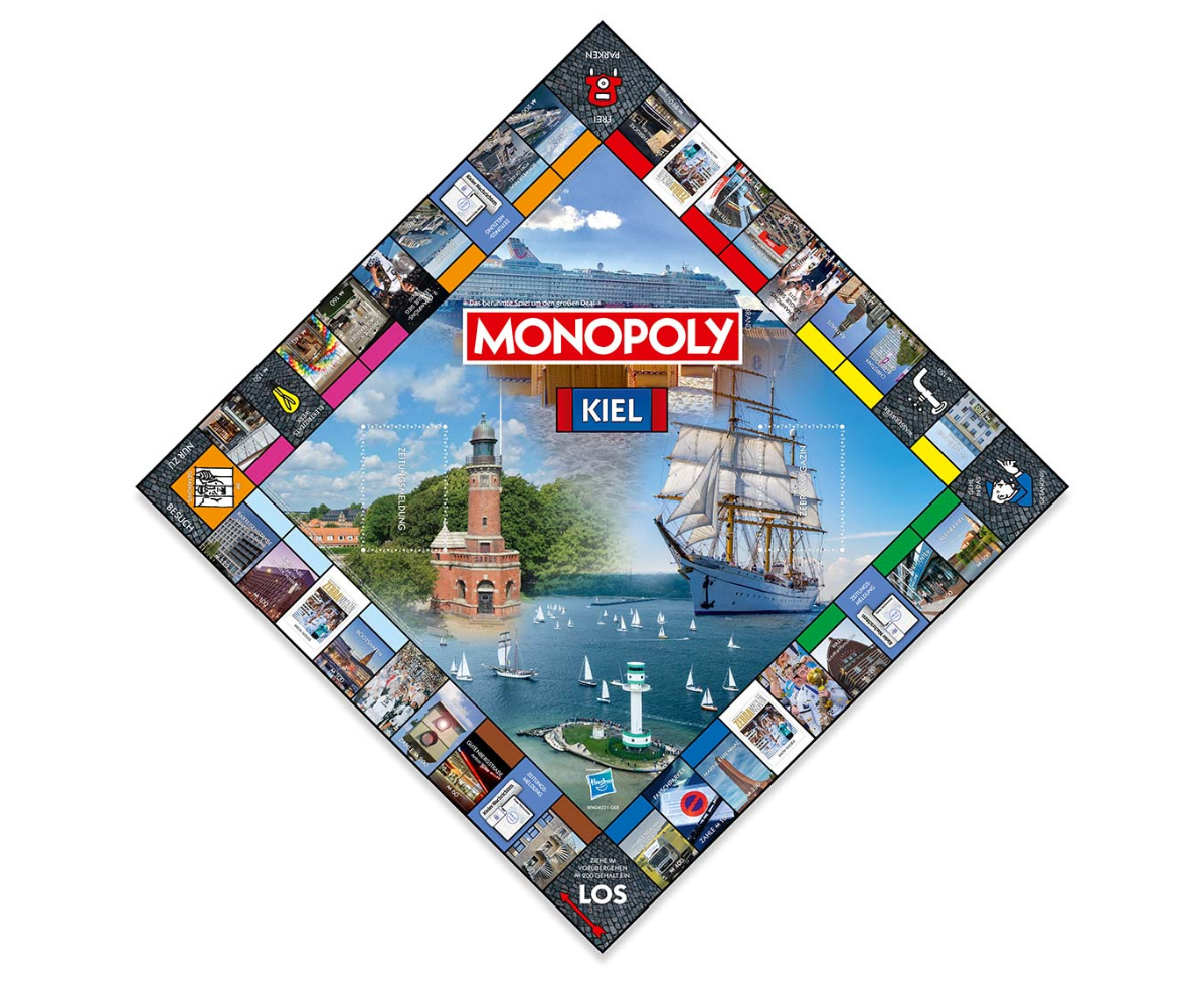 Monopoly Kiel - City Edition bietet ein rautenförmiges Spielbrett mit Kieler Wahrzeichen, einem zentralen Segelschiff und Leuchtturm, exklusiven Plättchen und stadtspezifischen Eigenschaften für ein einzigartiges lokales Spielerlebnis.