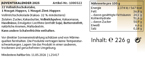 Der Adventskalender 2025 (226g) zeigt Nährwertangaben, Zutaten, Allergenwarnungen und Lagerungshinweise für Nougathappen Milchschokoladen. Mindestens haltbar bis: 11.05.2026.