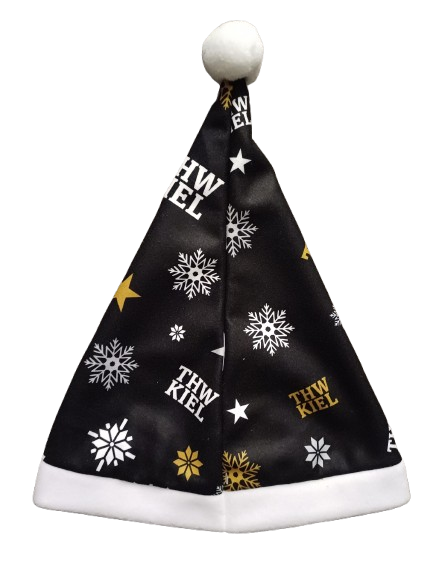 Die Nikolausmütze schwarz, weiß, gold besticht durch weißen Besatz, Schneeflocken und goldene Sterne sowie THW KIEL Schrift in Weiß und Gold. Abgerundet wird sie mit THW Logo und weißer Bommel.