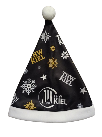 Die Nikolausmütze schwarz, weiß, gold besticht mit weißen und goldenen Schneeflocken, weißem Rand, THW Logo und THW Kiel Schriftzug. Ein weißer Bommel ziert die Spitze dieser festlichen Weihnachtsmütze.