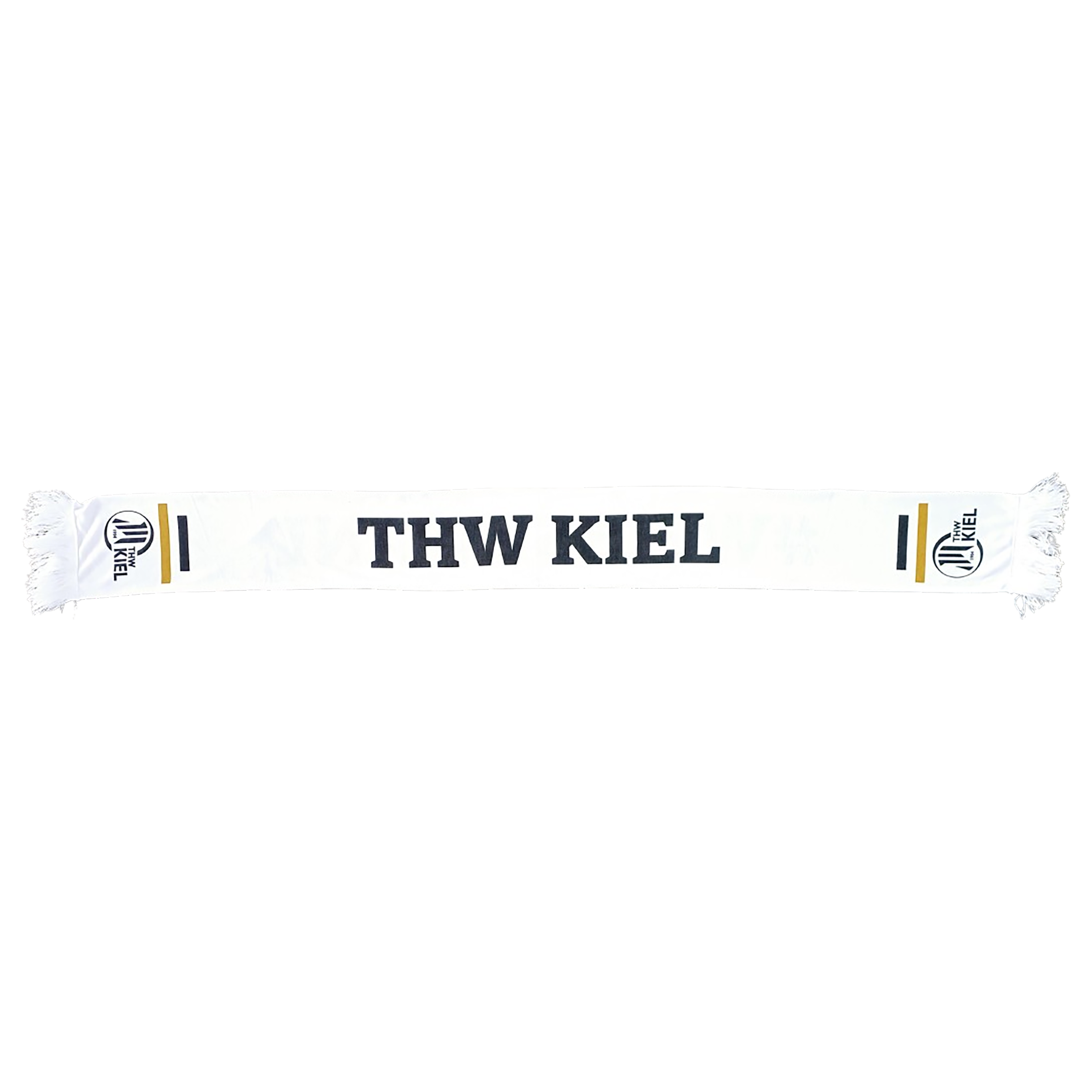 Der Schal weissewand weiß zeigt THW KIEL groß in Schwarz, das THW Kiel Logo an beiden Enden sowie schwarze, gelbe und goldene Streifen - der perfekte Fanartikel mit softem Baumwoll-Touch.