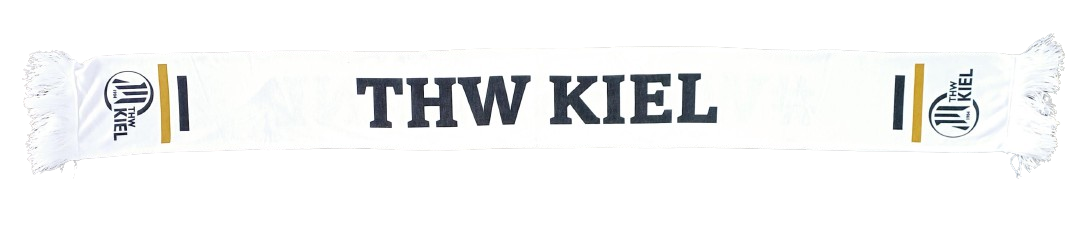 Der Schal weissewand weiß besticht mit schwarzem THW KIEL-Schriftzug in der Mitte, runden Logos an den Enden sowie goldenen und schwarzen Streifen - das perfekte Accessoire, um Ihre Unterstützung für die Mannschaft zu zeigen.