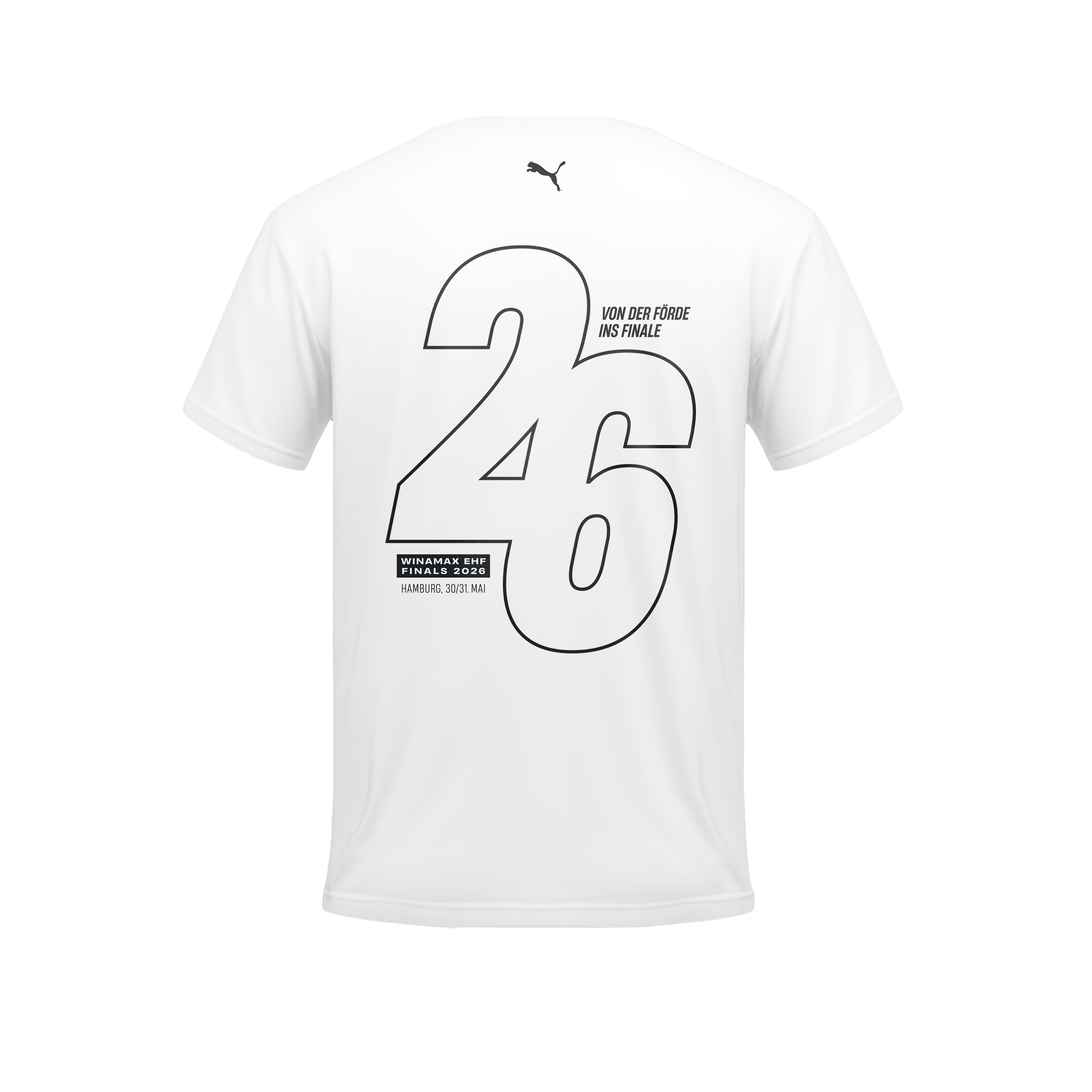 Zeigen Sie Ihre Unterstützung bei den Winamax EHF Finals mit dem weißen Eventshirt EHF Final4 2026 - Finals Tour, mit einer großen schwarzen 26 auf dem Rücken, "VON DER FLÖRE INS FINALE" auf Deutsch und einem rechteckigen Etikett mit weiterem deutschen Text.