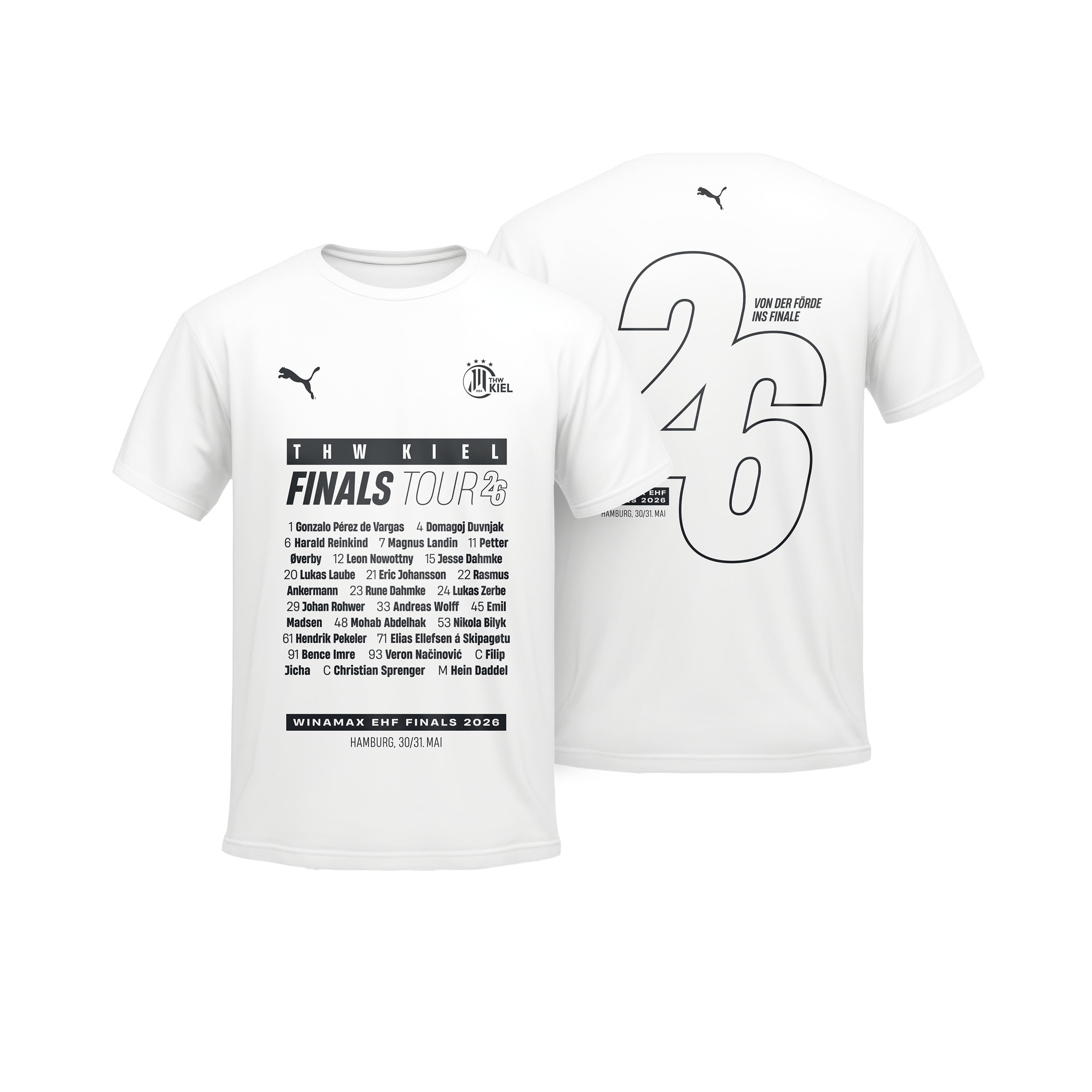 Weißes Eventshirt EHF Final4 2026 - Finals Tour von Puma. Auf der Vorderseite sind Team- und Winamax EHF Finals-Details, Tour-Städte und Spielernamen in Schwarz abgebildet; die Rückseite zeigt eine große 26 mit einem kleinen Schriftzug darüber.