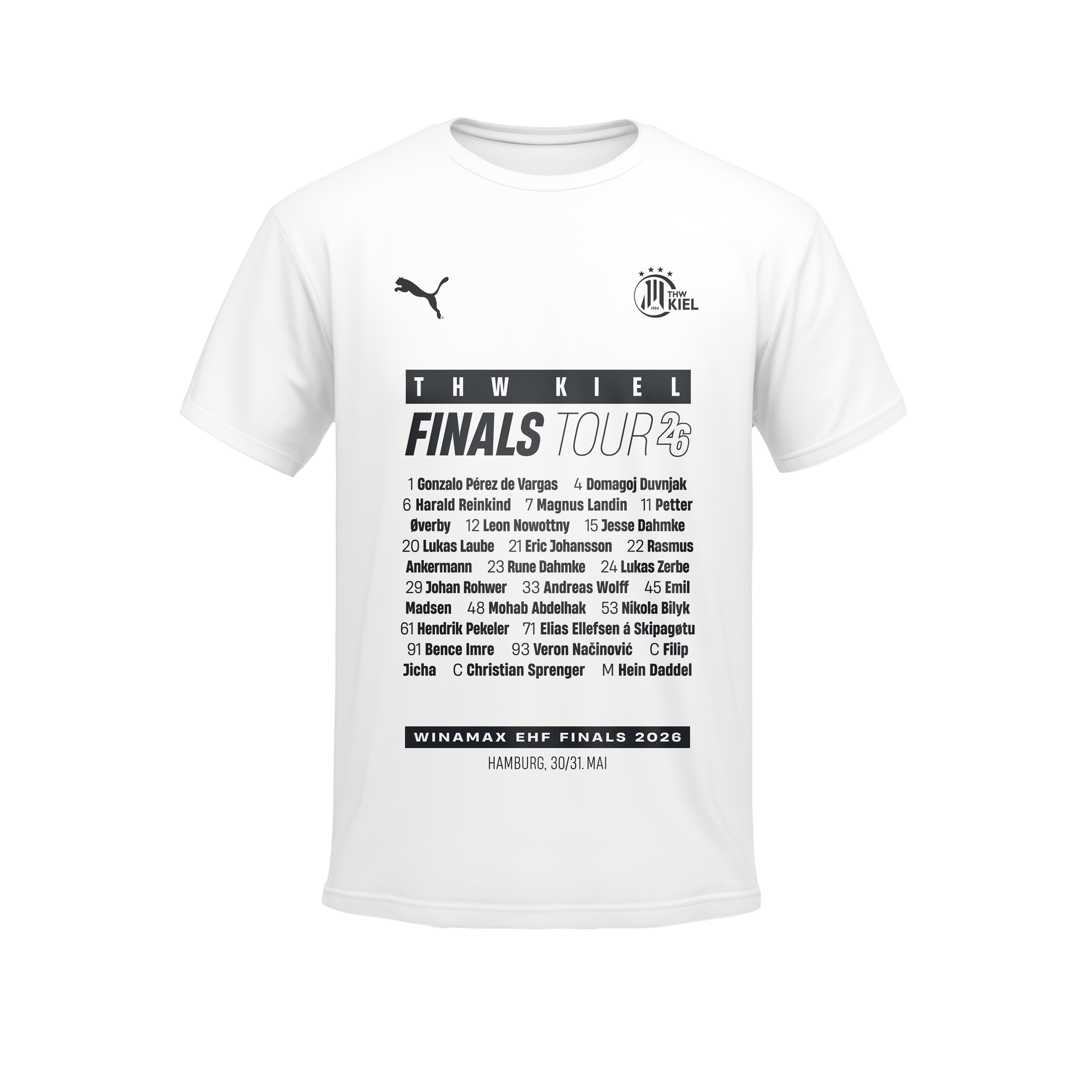 Das Eventshirt EHF Final4 2026 - Finals Tour ist ein weißes Handball-T-Shirt mit der Aufschrift FINALS TOUR 24, Spielernamen in schwarz, PUMA- und Vereinslogos oben und WINAMAX EHF Finals 2024 HAMBURG 30/31 MAI unten aufgedruckt.
