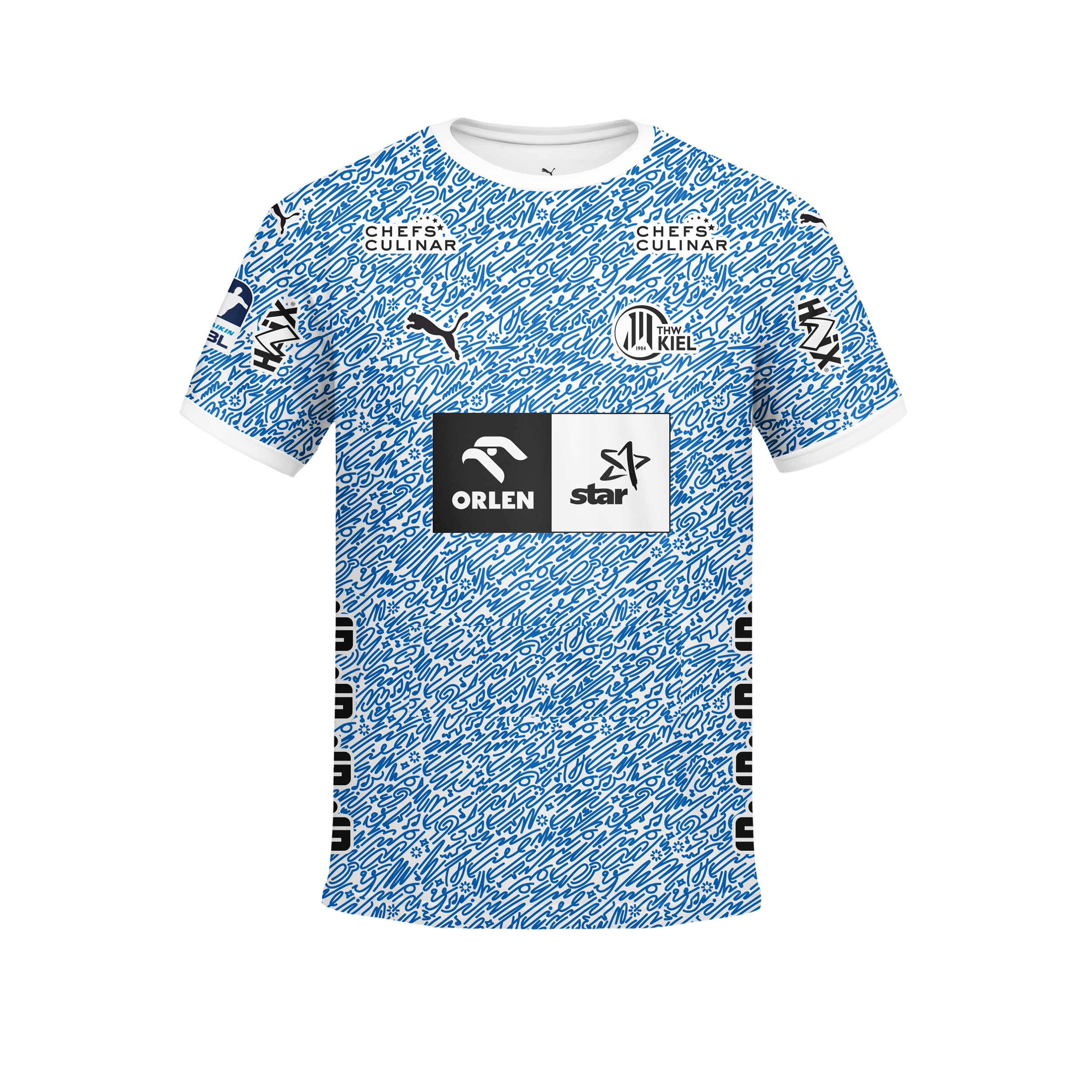 Das THW Kiel 24-25 Special Jersey Jr "Kieler Woche" in Racing Blue ist blau-weiß gemustert, mit Sponsorenlogos wie ORLEN und star, dem Holstein Kiel Wappen und einem von Cihan Tamti inspirierten Schriftzug auf der Brust.