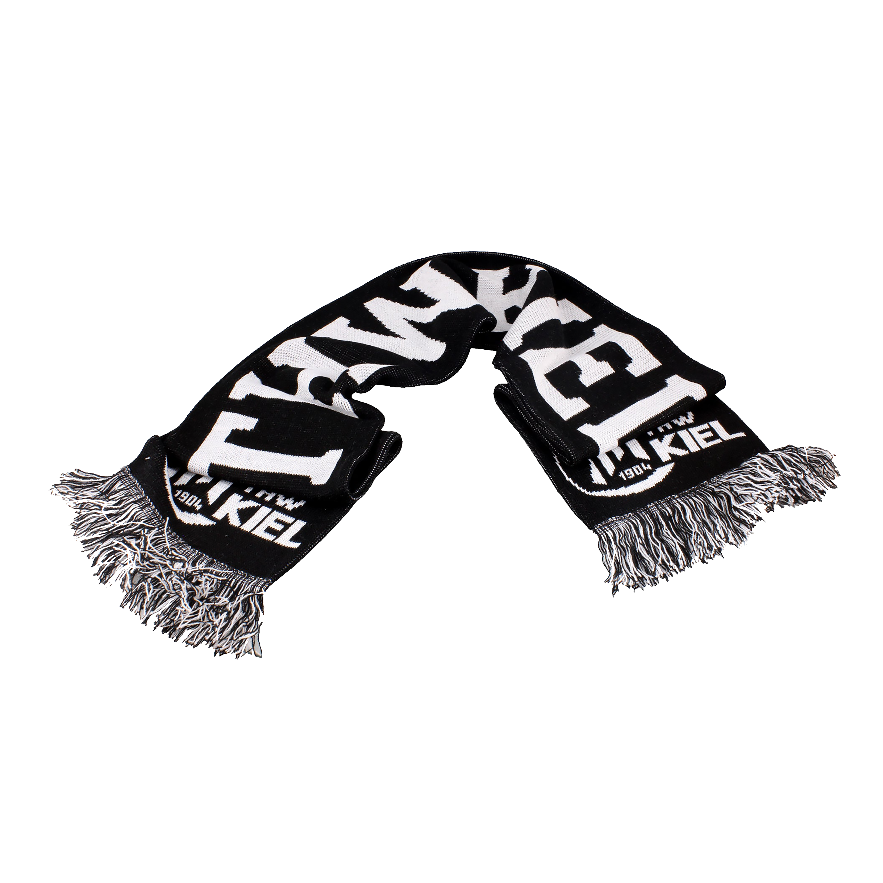 Der Schal Classic THW KIEL schwarz mit dem großen Schriftzug "KIEL" und den Fransen an den Enden ist ein auffälliger Fanartikel für jeden treuen Anhänger. Auf einem schlichten weißen Hintergrund ist er ein unverzichtbares Accessoire für THW Kiel Fans.