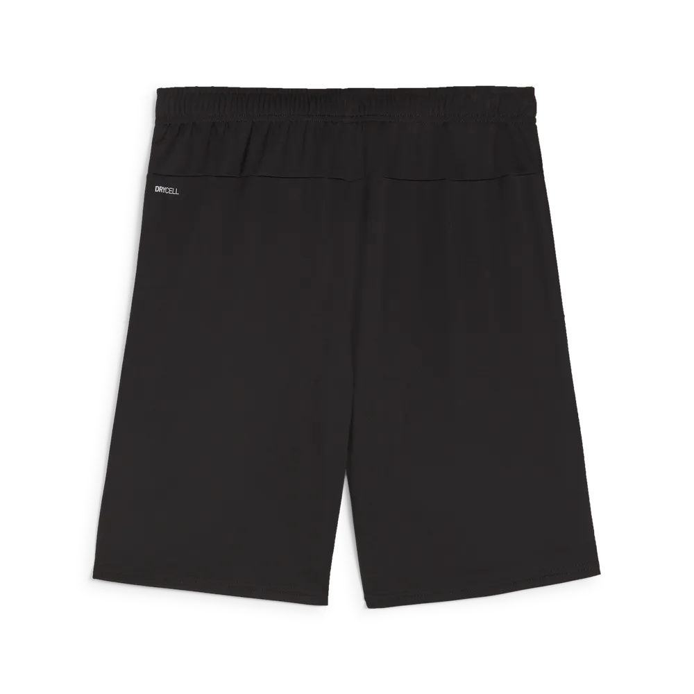 Schwarze PUMA teamGOAL Shorts Jr., von hinten gesehen, mit elastischem Bund und einem kleinen weißen DRYCELL-Logo auf der linken Seite. Diese Shorts zeichnen sich durch ein schlichtes Design aus und bestehen aus leichtem, recyceltem Polyester.