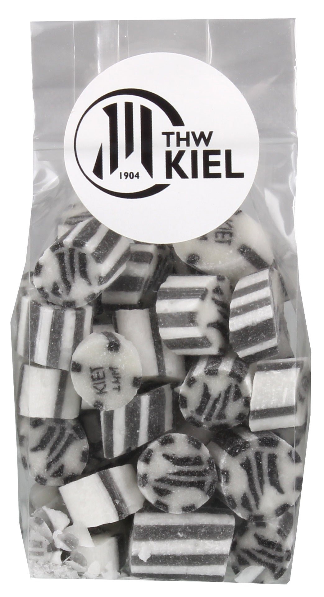 Klarsichtbeutel gefüllt mit THW Kiel Bonscher Cola, Kirsche 100g, schwarz-weiß gestreifte Bonbons mit THW Kiel-Logo und "Bonscherhus" auf einem runden Etikett am oberen Rand.