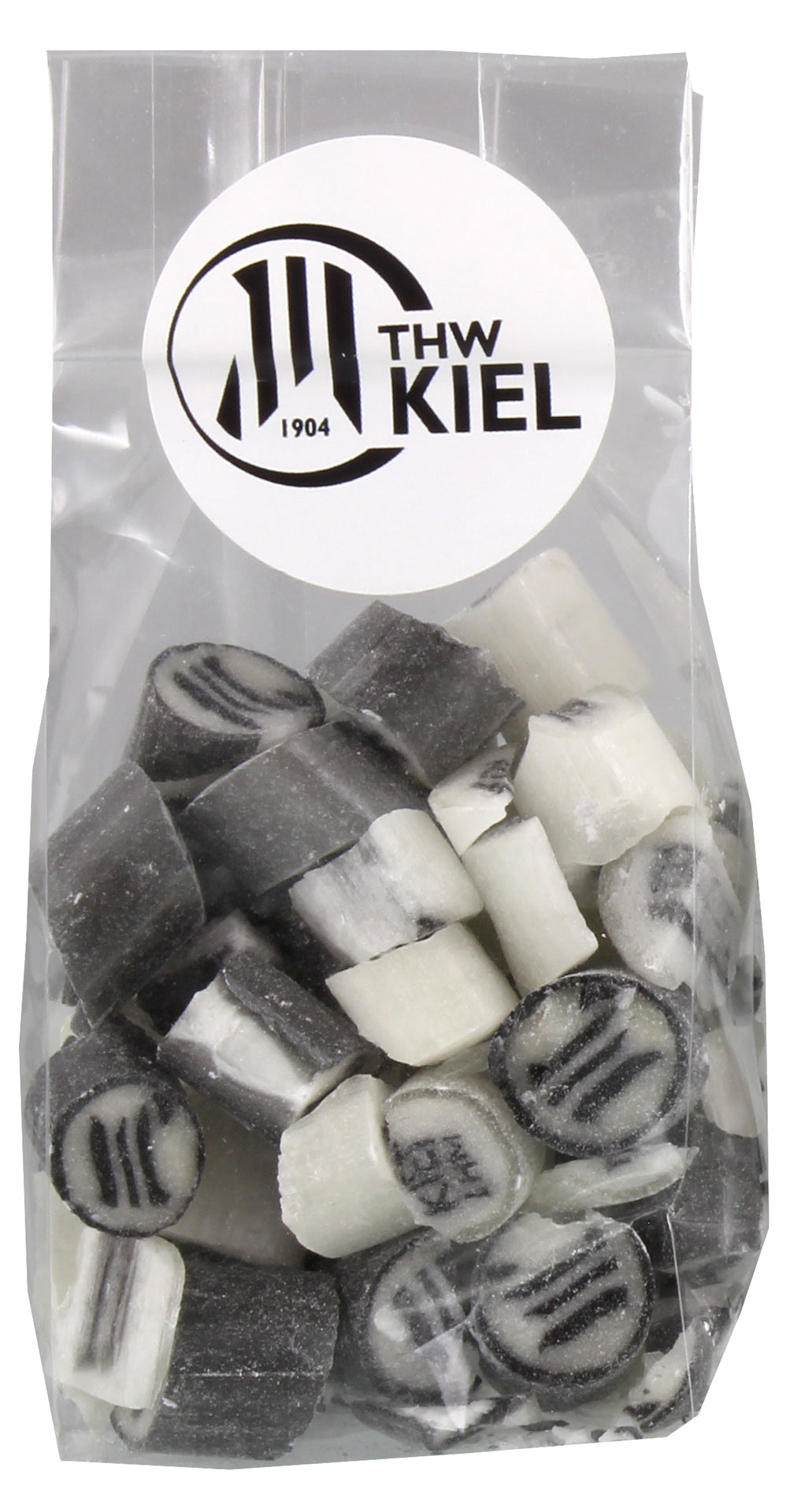 Klarsichttüte mit 100g THW Kiel Bonscher Waldmeister und saure Zitrone Bonbons in schwarz und weiß, jeweils mit THW Kiel Logo. Dazu ein weißes Etikett mit dem Logo und der Aufschrift "1904". Perfektes Bonbon für THW Kiel Fans aus dem Bonscherhus Kiel.
