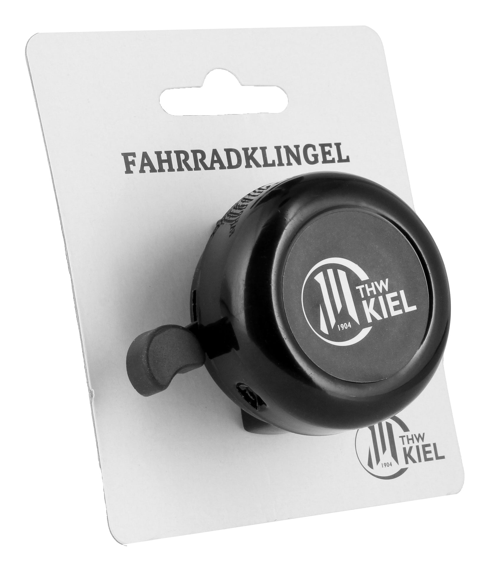 Eine schwarze Fahrradklingel schwarz mit dem Handball-Rekordmeister-Logo, montiert auf einer weißen Display-Karte mit der Aufschrift "FAHRRADKLINGEL" oben.