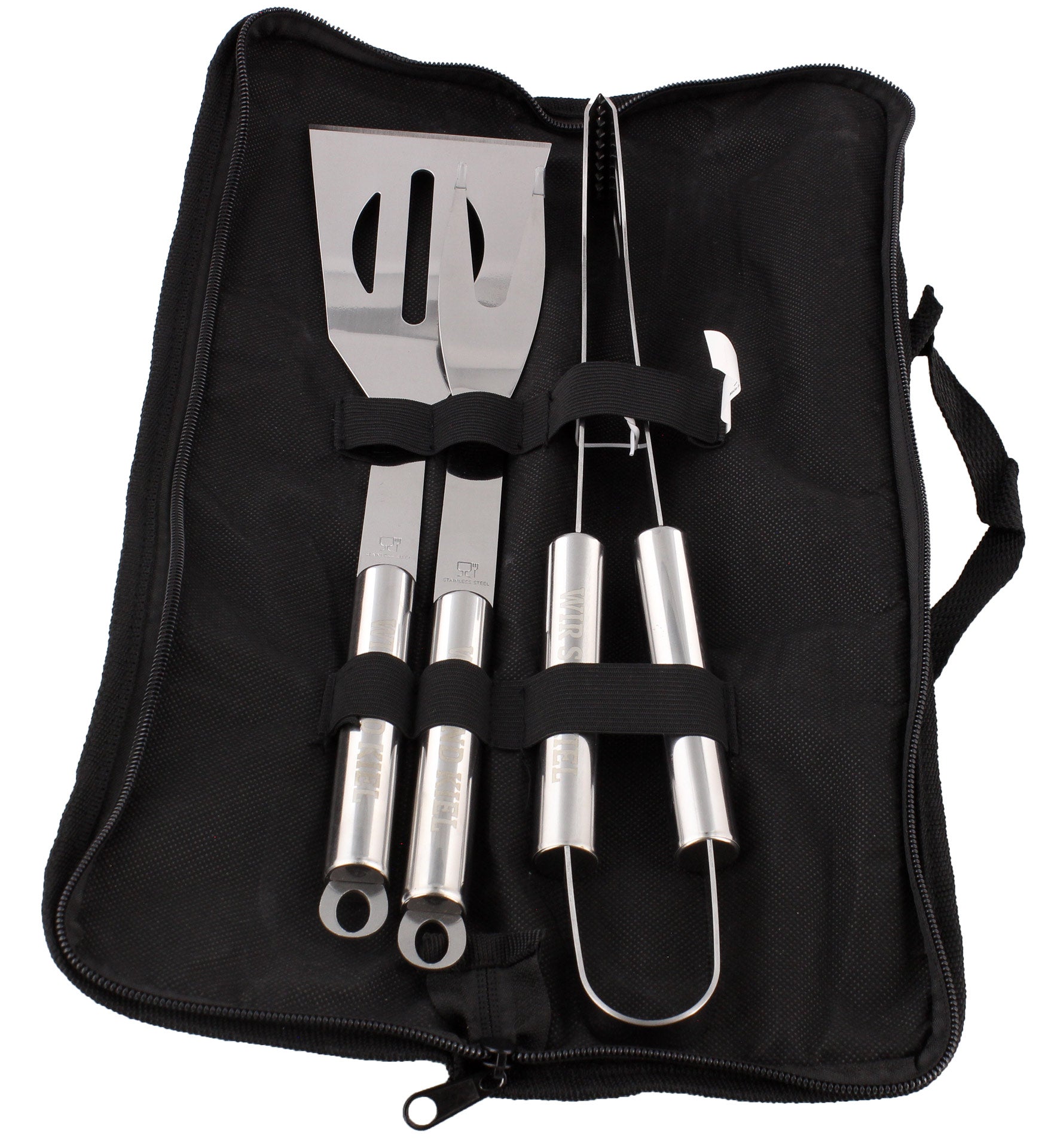 Das Grillbesteck-Set 3-teilig kommt in einer schwarzen Reißverschlusstasche und enthält einen Pfannenwender, eine Zange und eine Gabel - jeweils mit elastischen Bändern gesichert - und ist damit das ideale Grillzubehör für jede Grillparty.