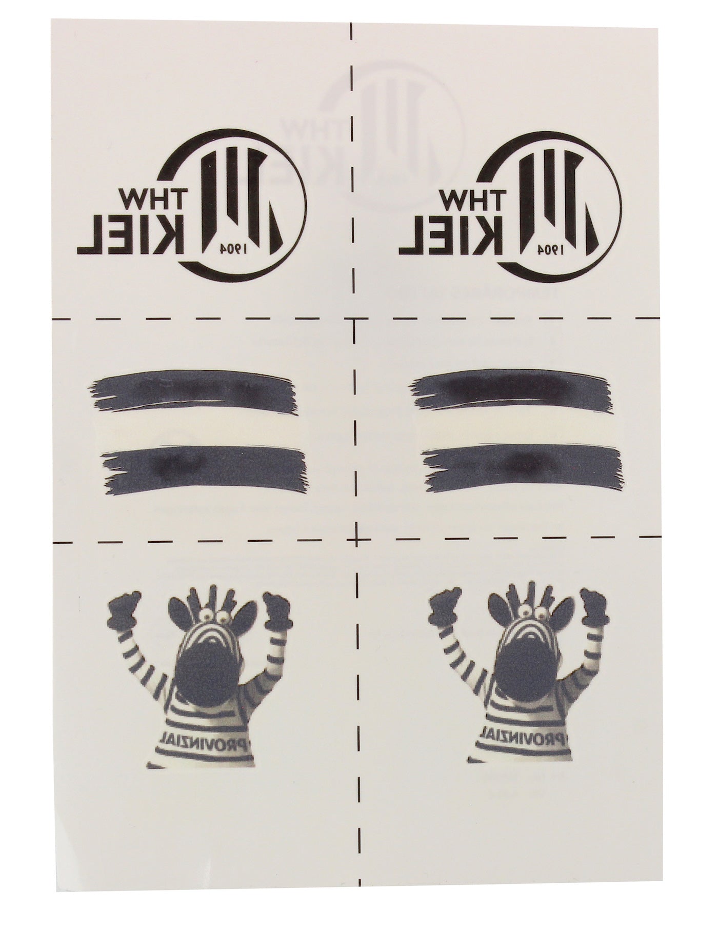 Der 6er-Bogen Hauttattoos besteht aus vier Teilen: Oben die Logos des THW Kiel, in der Mitte zwei Pinselstriche und unten ein winkendes Cartoon-Zebra-Maskottchen - ideale Klebetattoos für jeden Fan.