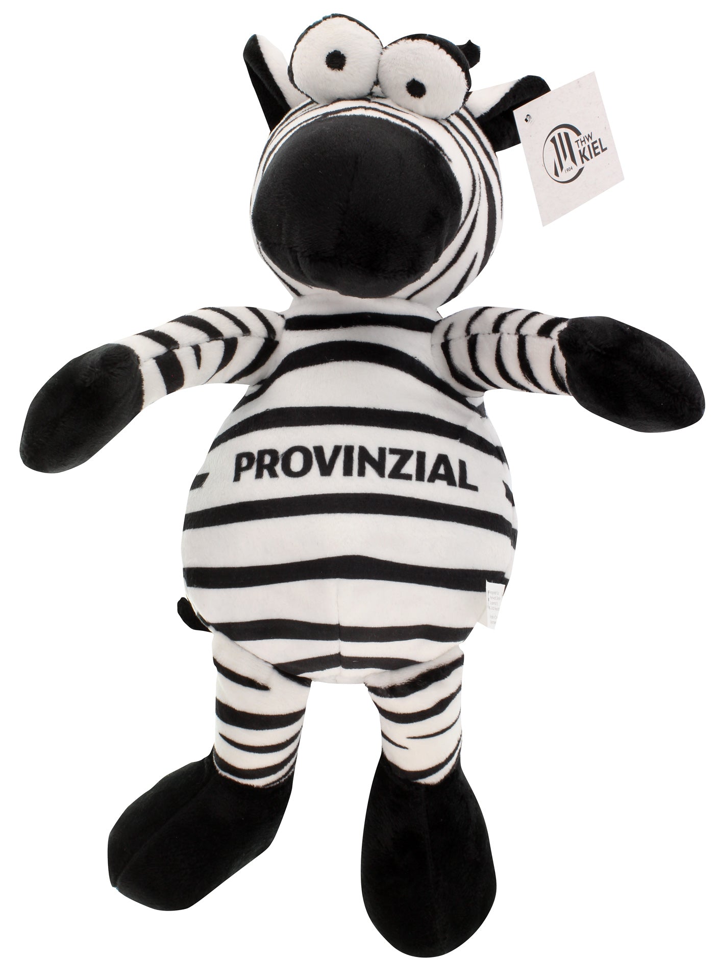 Das Maskottchen Hein Daddel 30cm ist ein Plüschzebra mit großen Augen, rundem Bauch und dem Schriftzug "PROVINZIAL" auf dem Oberkörper. Es ist das offizielle Maskottchen des THW Kiel und wird mit einer Ohrmarke geliefert.