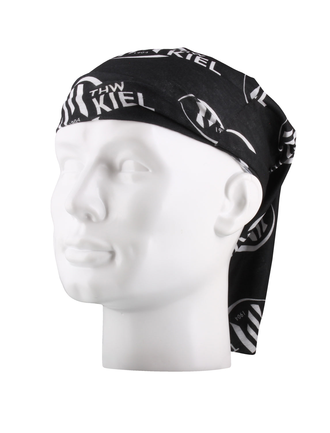 Ein weißer Schaufensterkopf zeigt das Multifunktionstuch schwarz aus recyceltem Polyester, mit weißem "THW KIEL"-Schriftzug und -Logo, am Rücken gebunden.