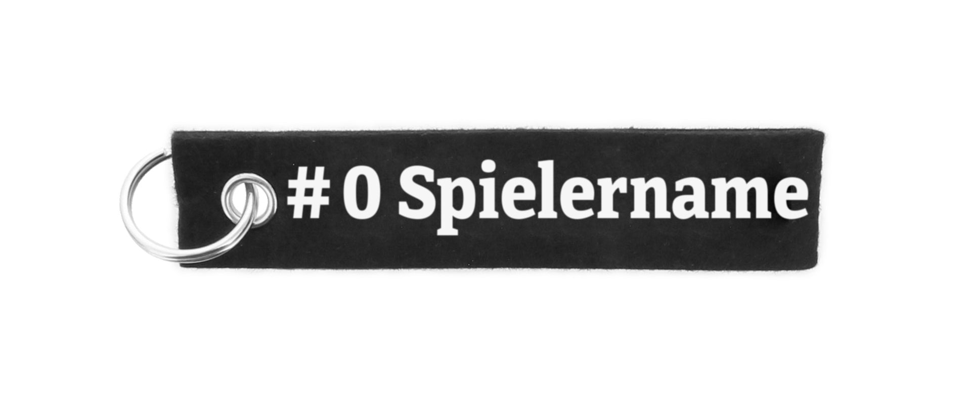 Ein Schlüsselfilz in Schwarz, rechteckig und mit Schlüsselring, zeigt den Text 0 Spielername in kräftigem Weiß - ein Must-have für echte THW Kiel Fans.