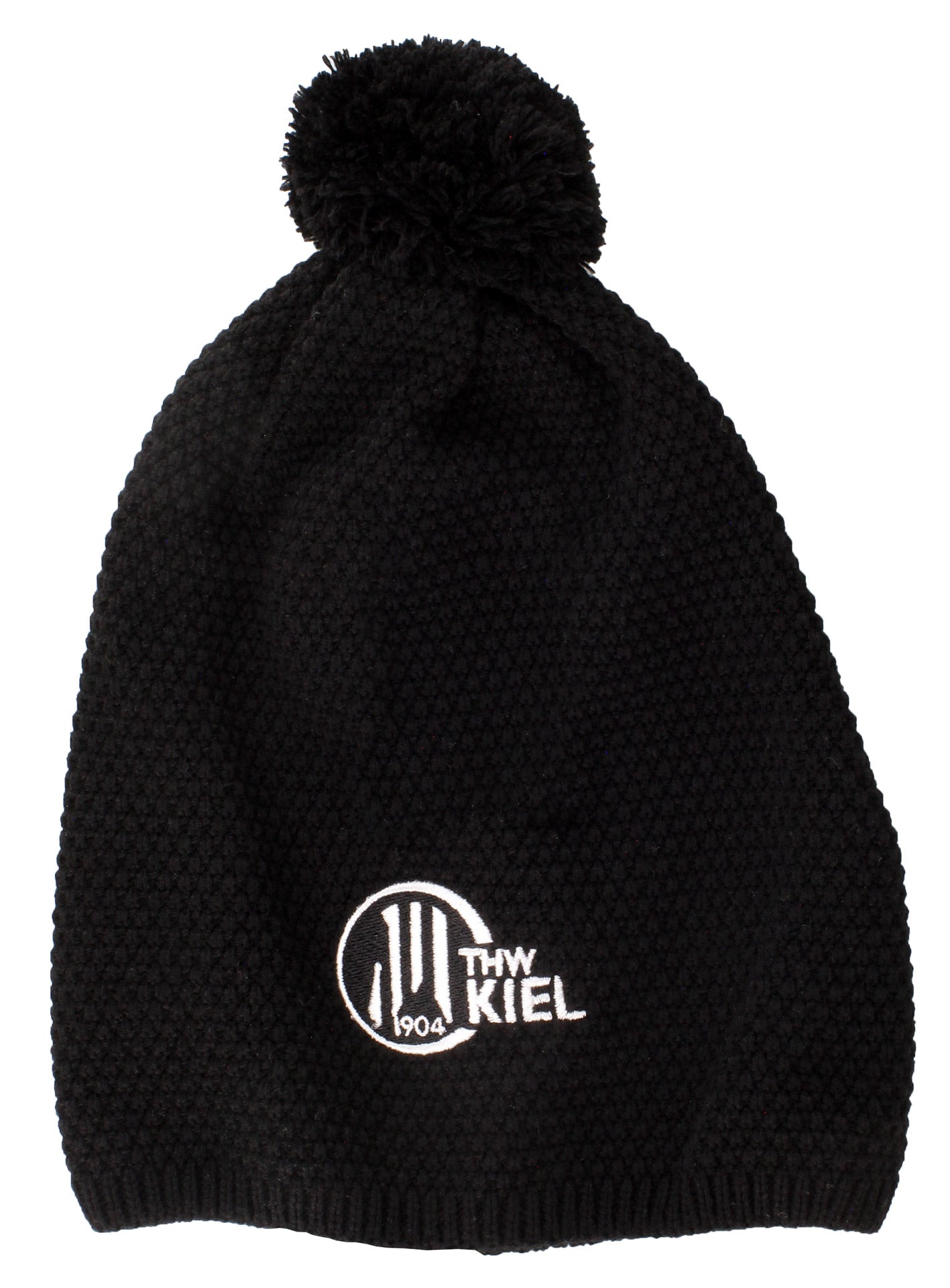 Die Strickmütze mit Bommel schwarz ist eine schwarze Strickmütze mit Bommel, die auf der Vorderseite das weiß gestickte THW Kiel Logo und den Schriftzug "THW Kiel 1904" trägt.