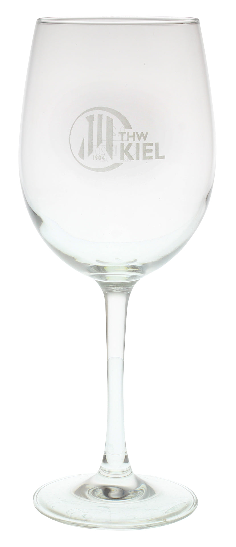Das Weinglas 460ml ist mit dem Logo und dem Text "THW KIEL" versehen, die elegant in die Schale geätzt sind. Das klare Glas, ideal für jeden Handball-Fan, ist leer und wird vor einem weißen Hintergrund präsentiert.