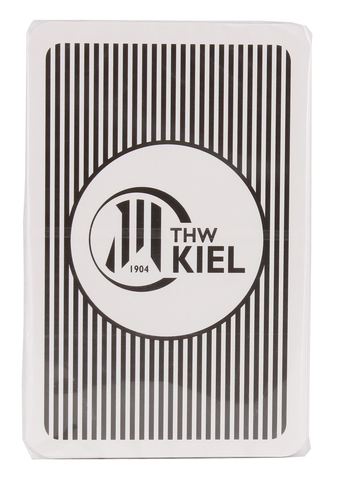 Die Skatspielkarte zeigt ein schwarz-weiß gestreiftes Design mit dem Logo des THW Kiel, "1904" in der Mitte, und ist in französischem Bild gestaltet.
