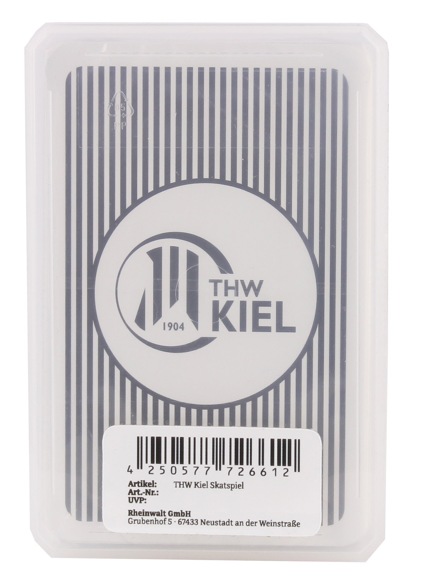 Das Skatspiel wird in einem Kunststoffkoffer mit schwarz-weiß gestreifter Kartenrückseite und THW-Logo geliefert. Es enthält französische Bild-Skatkarten und hat auf der Vorderseite ein Barcode-Etikett mit Produkt- und Firmenangaben.